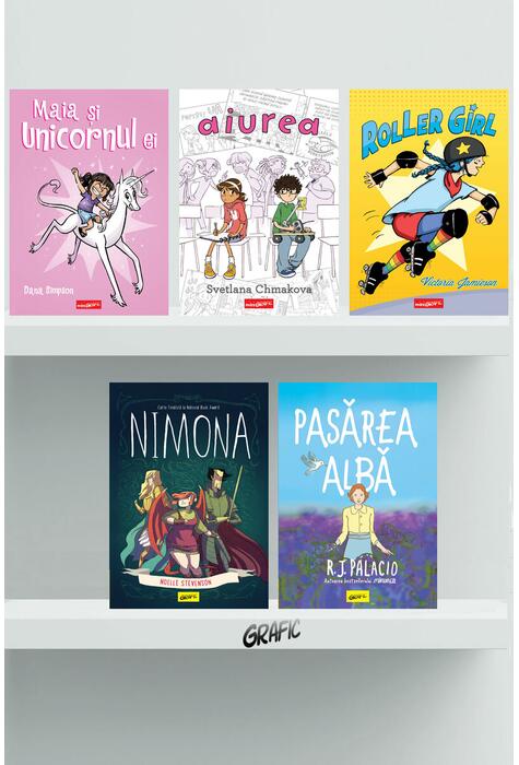 Pachet Girl Power (Maia și unicornul ei, Aiurea, Roller Girl, Pasărea albă, Nimona)